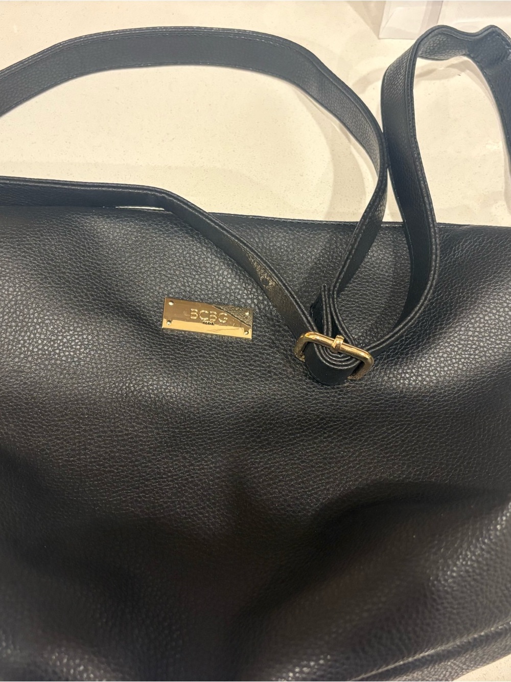 BCBG Black Pebbled Leather Tote with Gold Accent Plate